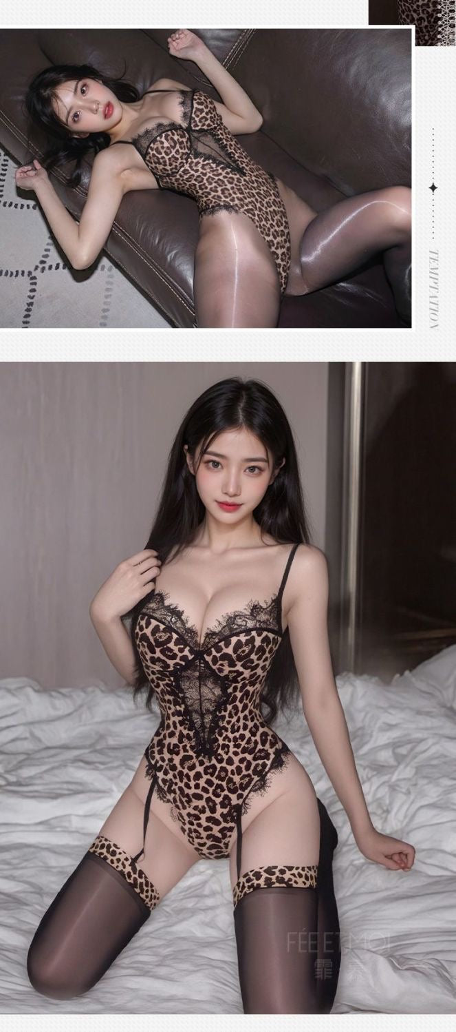 Leopard Print Lace Lingerie Set with Garter & Stockings