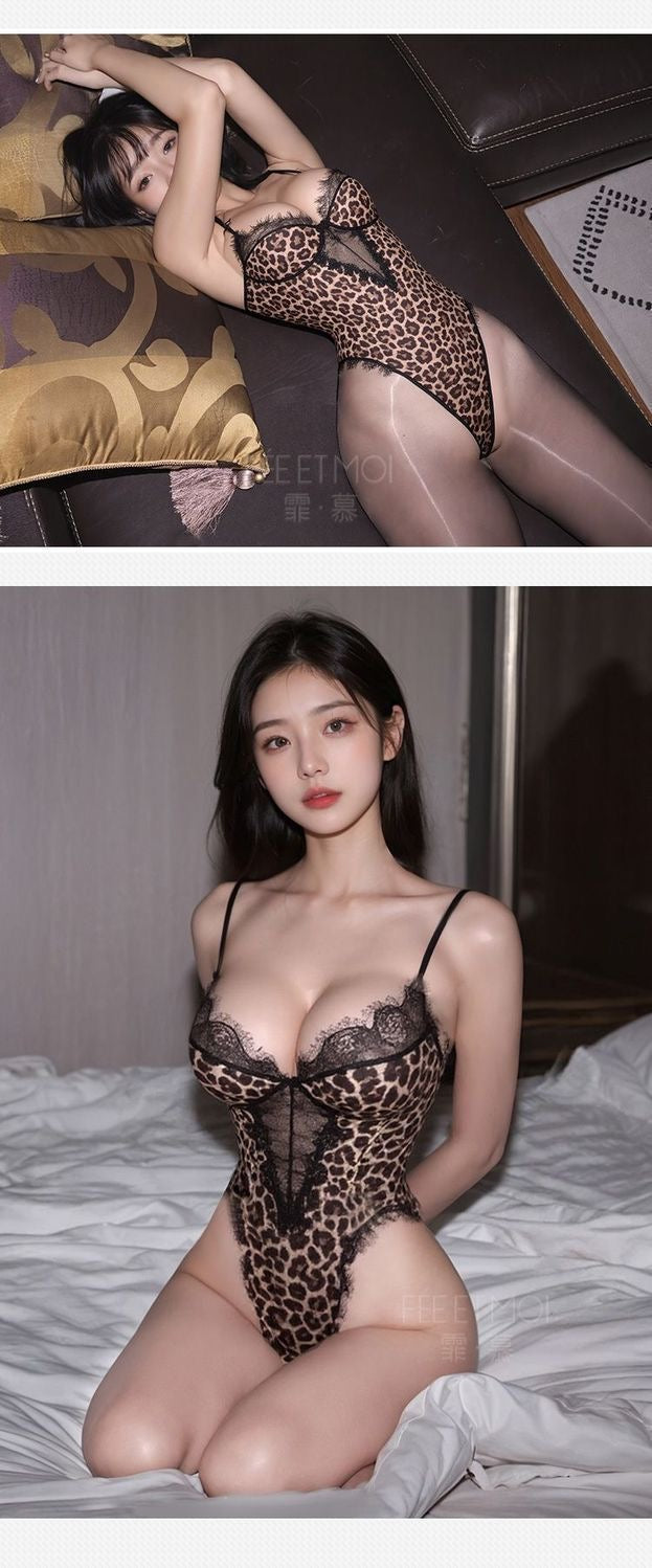 Leopard Print Lace Lingerie Set with Garter & Stockings