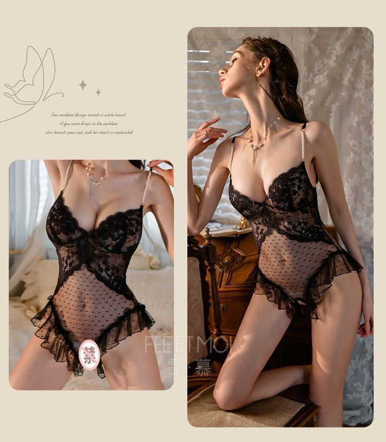 French Lace Ruffle Babydoll Lingerie Dress - Open Back