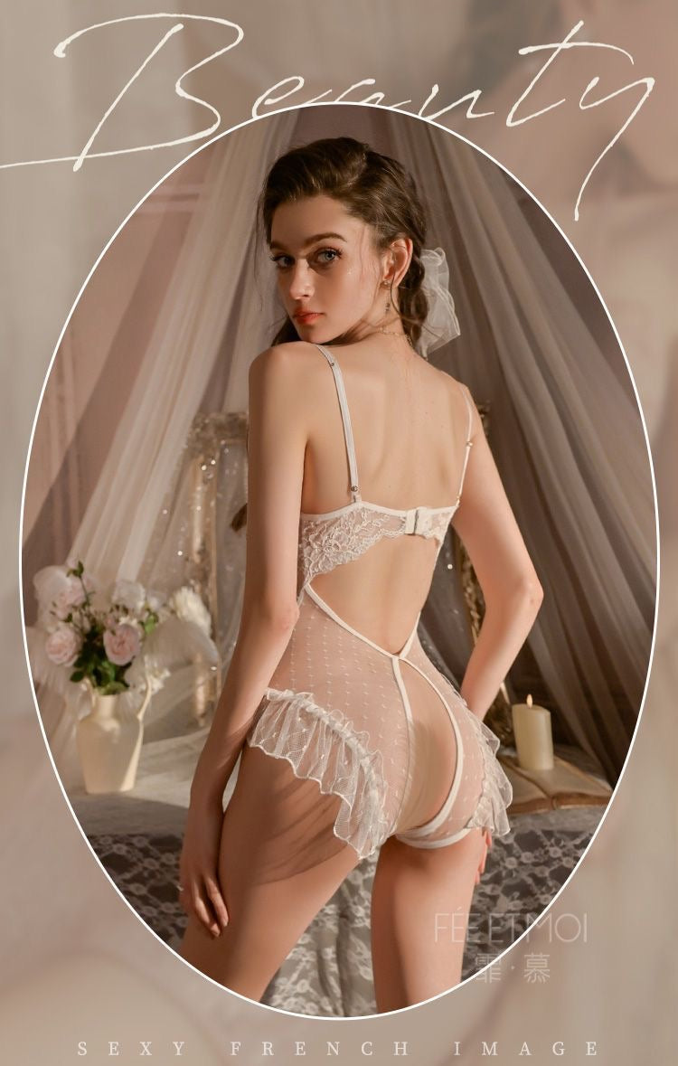 French Lace Ruffle Babydoll Lingerie Dress - Open Back