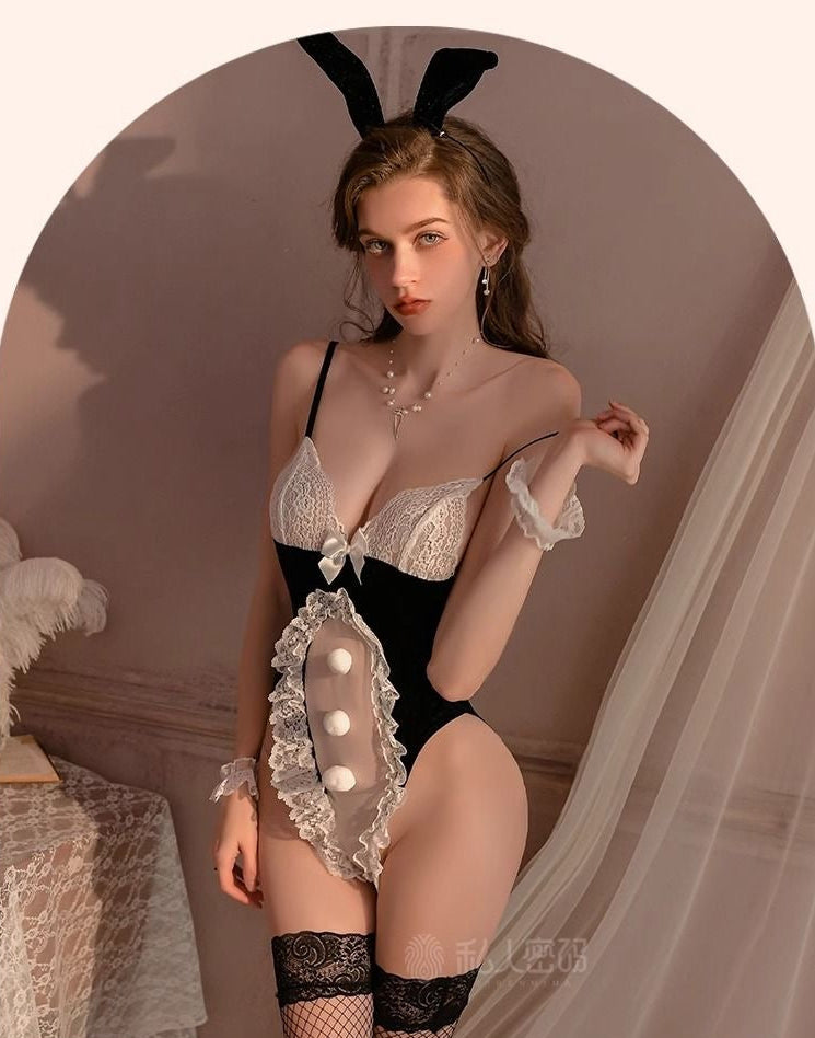 Bunny Girl Lace Bodysuit Lingerie Set with Fishnet Stockings