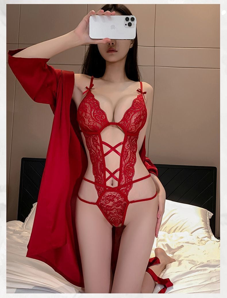 Floral Lace Cut-Out Strappy Bodysuit Lingerie with Robe - 3 Colors