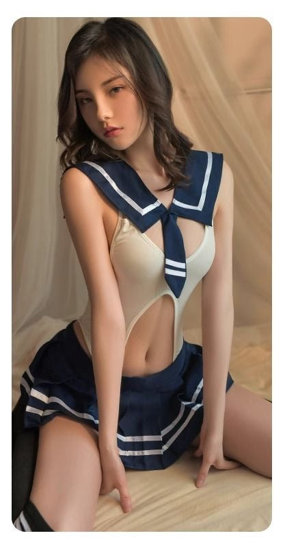Japanese Sailor Uniform Cut-Out Bodysuit Lingerie Set with Mini Skirt