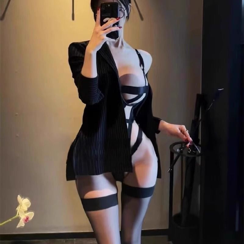 Hollow out strappy bodysuit lingerie - seated pose