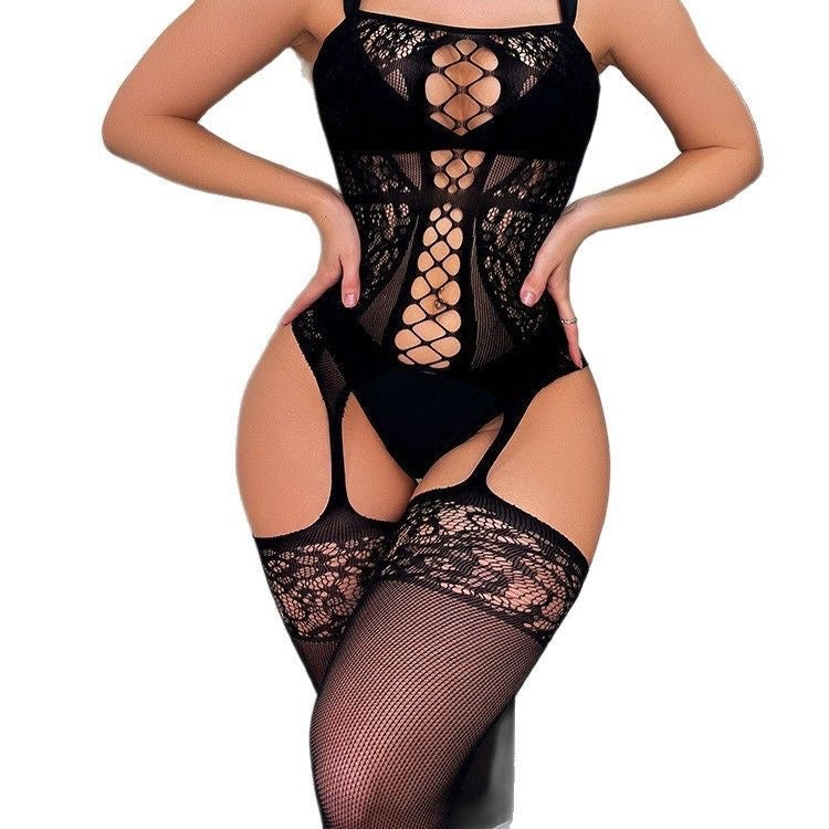 Lace fishnet teddy bodysuit - front detail close up cut-out panel