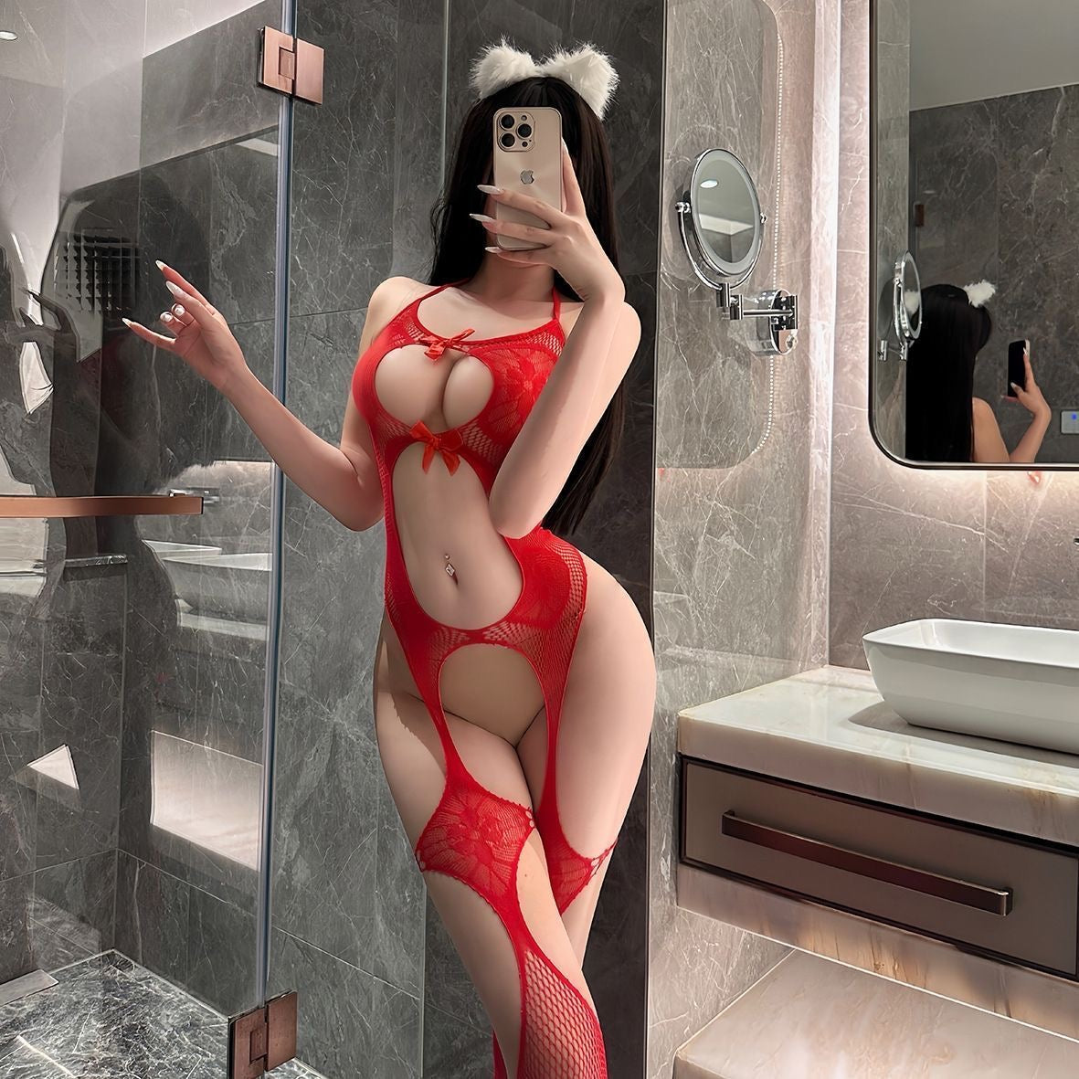 Red bow fishnet lace bodystocking - full body mirror selfie