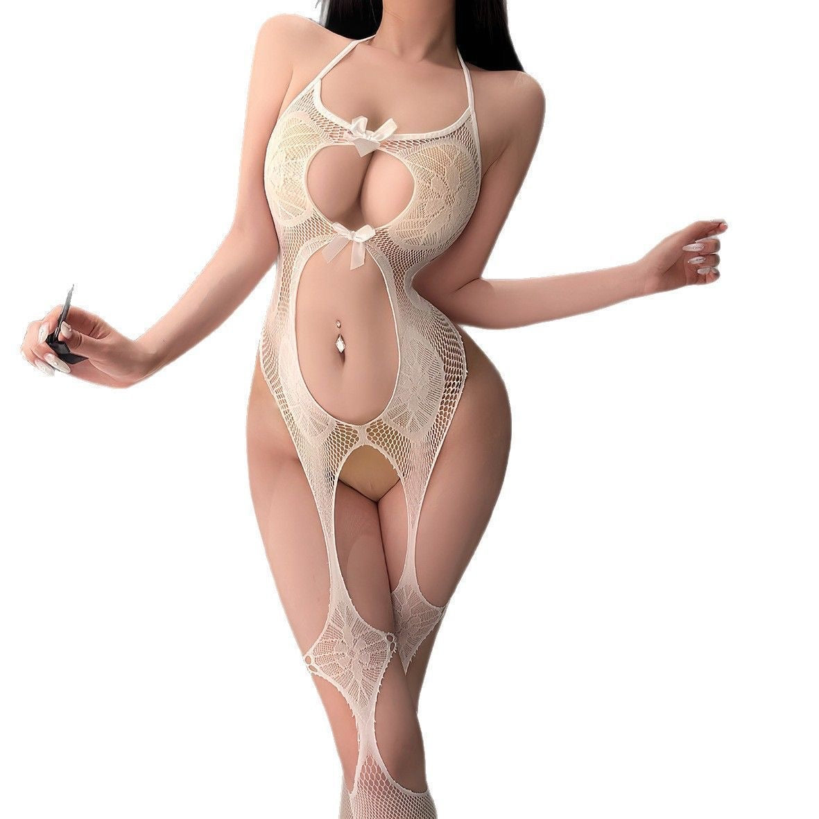 White bow fishnet lace bodystocking - full body white background