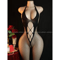Deep V halter fishnet bodystocking - front view on mannequin